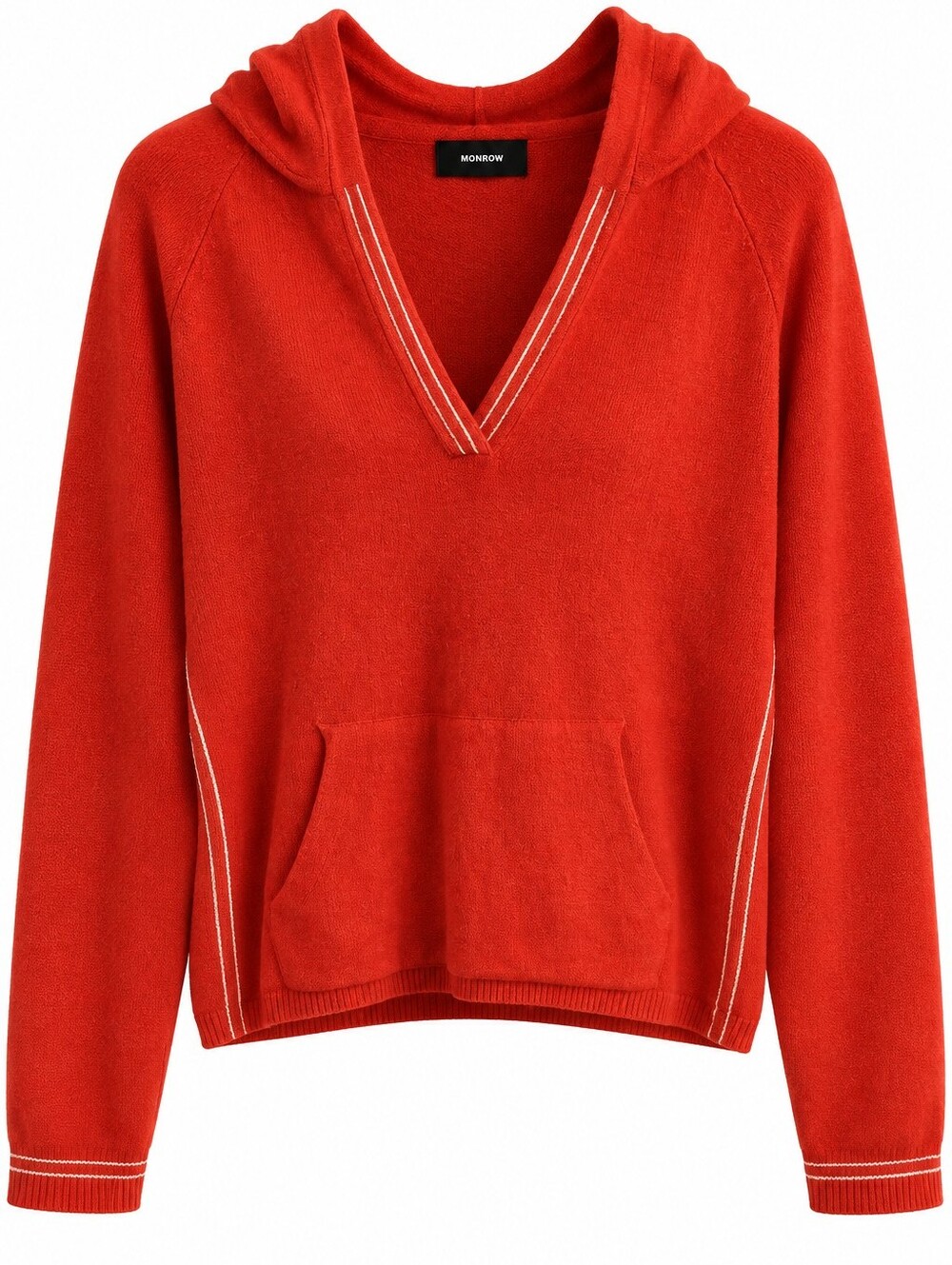 MONROW Tomato Red V Neck Knit Hoodie White Stripe Kangaroo Pocket L